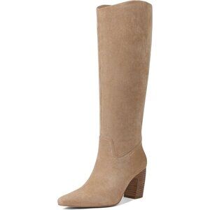 Women's Knee High Light brown Boot Square Toe Chunky Heel Wide Calf Zipper Boot